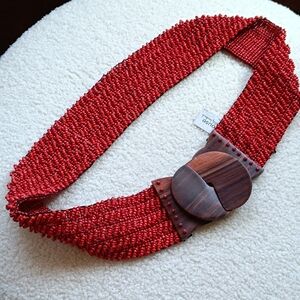 Handcrafted Beaded Stretchable Belt with a Wooden Buckle